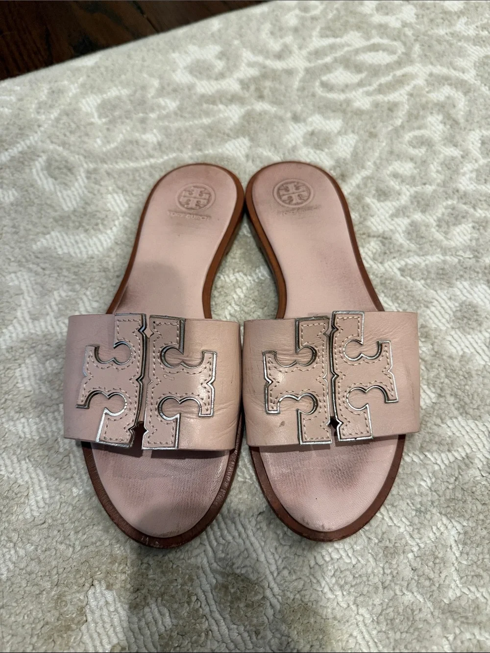Tory Burch Dusty Pink Leather Logo Slide Mules